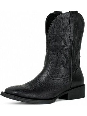 Women's Black Western Embroidered Short Square Toe Chunky Heel Cowgirl Boots